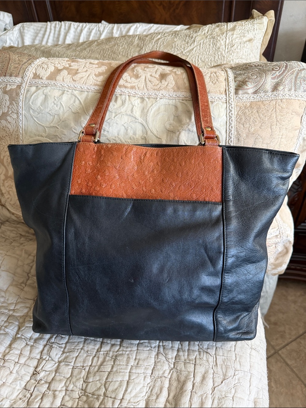 Black /Brown genuine Leather Architect tote Bag Two-Tone 12 by 16 deep clean